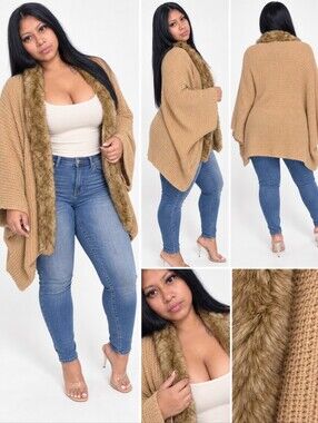 Chico’s Black Label Faux Fur Trim Open Cardigan – Camel Knit Wrap